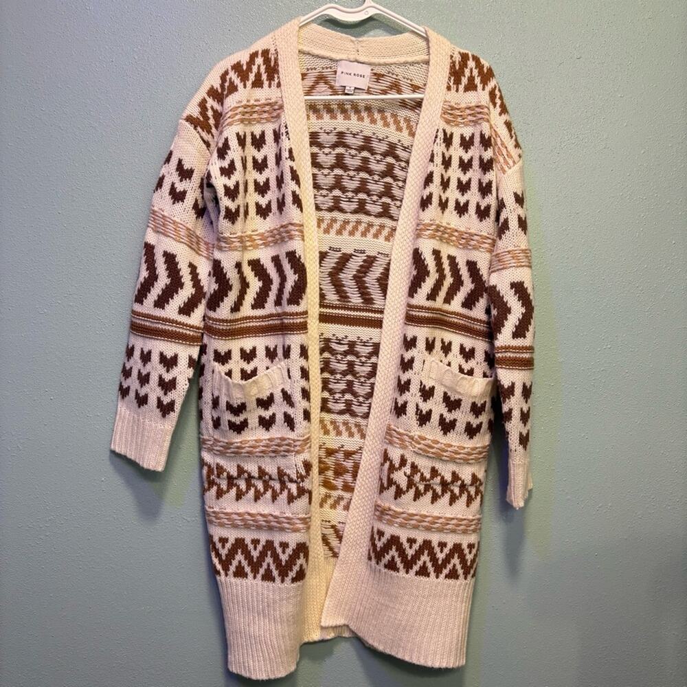 Pink Rose Women's Beige and Brown Geometric Patterned Long Cardigan Size S